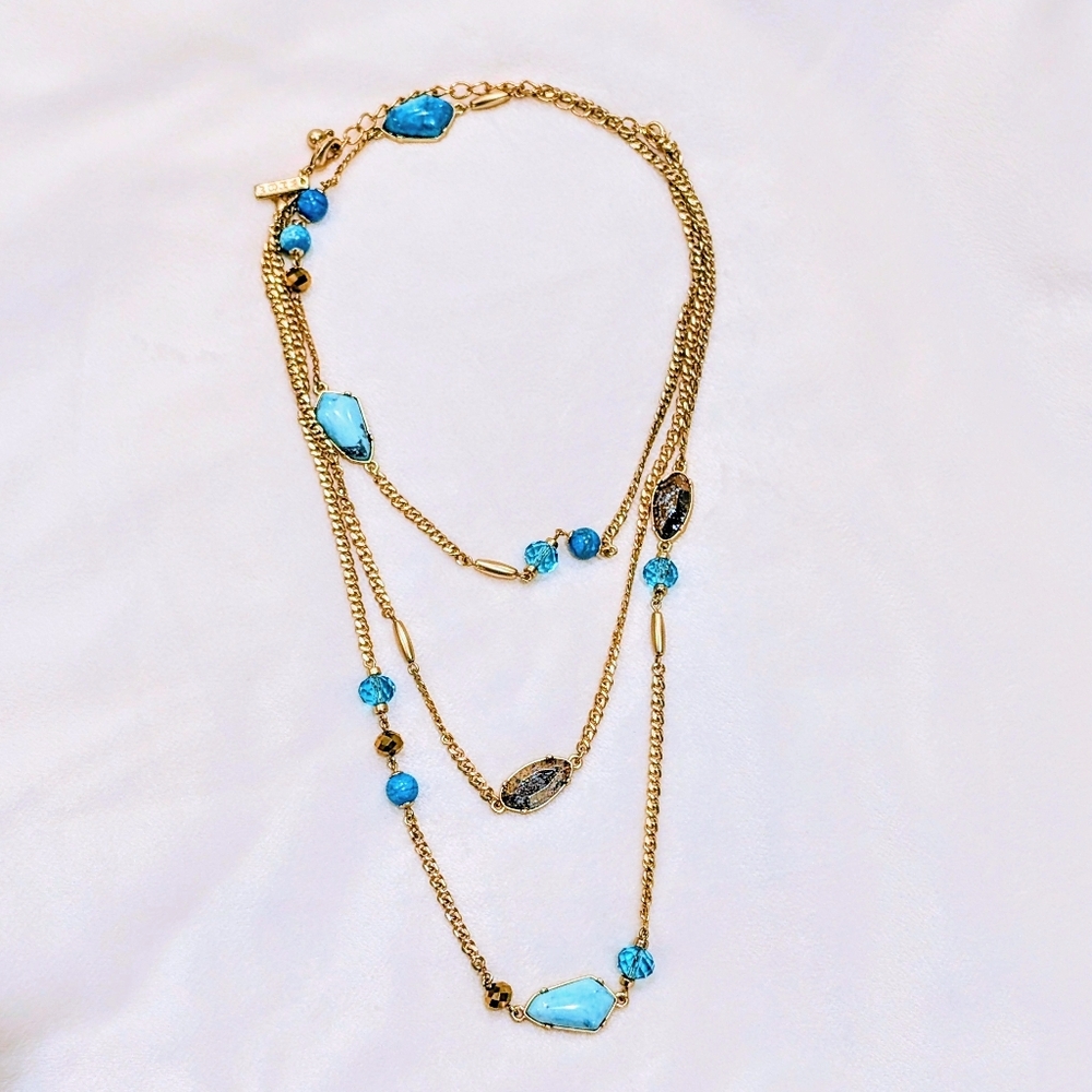 White House Black Market Elegant Gold Blue Turquoise Layered Necklace Two In One